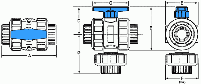 dimensional drawing of series TMBV manual 3-way ball valves